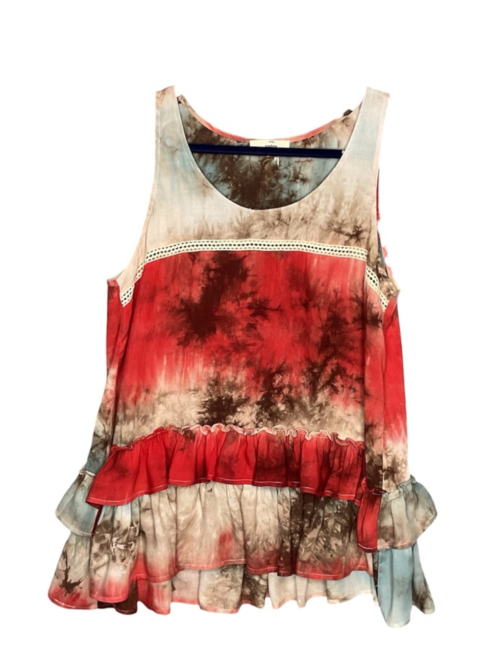 Entro Boho Crochet Lace  Tie Dye Tank Top Tiered Ruffle Hem Sleeveless Blouse L